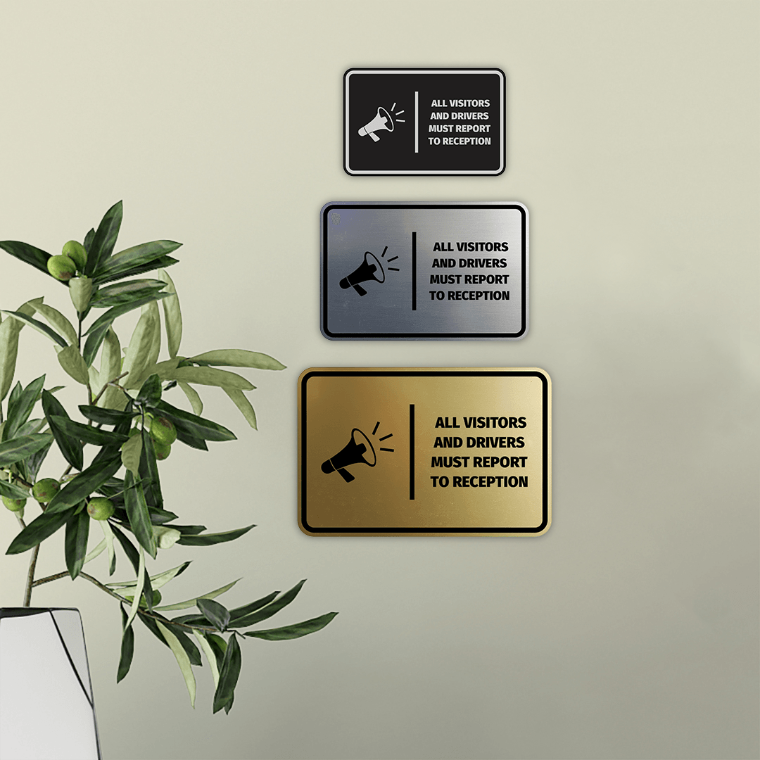 Signs ByLITA Classic Framed All Visitors And Drivers Must Report To Reception Door or Wall Sign Easy Installation | Health And Safety | Building And Hospitality Signs