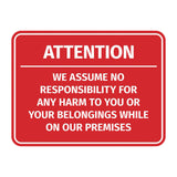 Signs ByLITA Classic Framed Attention - We assume no responsibility for any harm to you or your belongings while on our premises Door or Wall Sign Easy Installation | Warning Health & Safety | Office & Venues