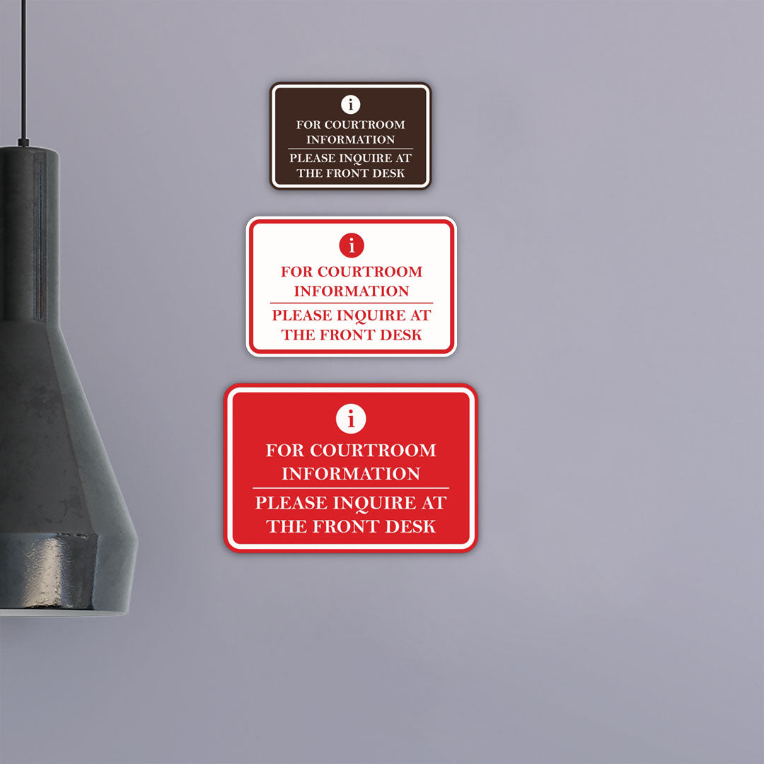 Signs ByLITA Classic Framed For Courtroom Information, Please Inquire at the Front Desk Door or Wall Sign Durable ABS Plastic | Laser Engraved | Easy Installation | Courtroom