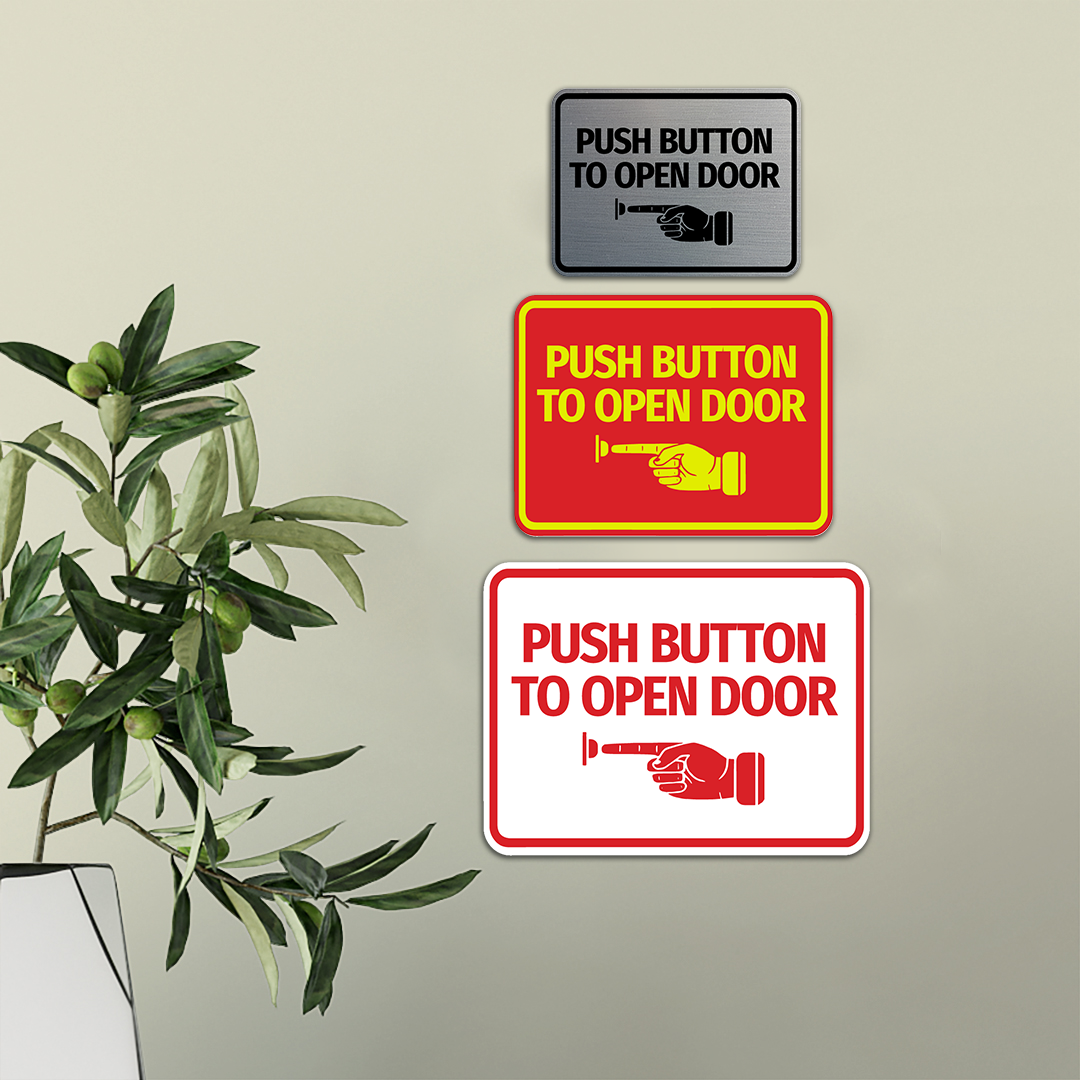 Signs ByLITA Classic Framed Push button to open door (finger pointing left) Wall or Door Sign
