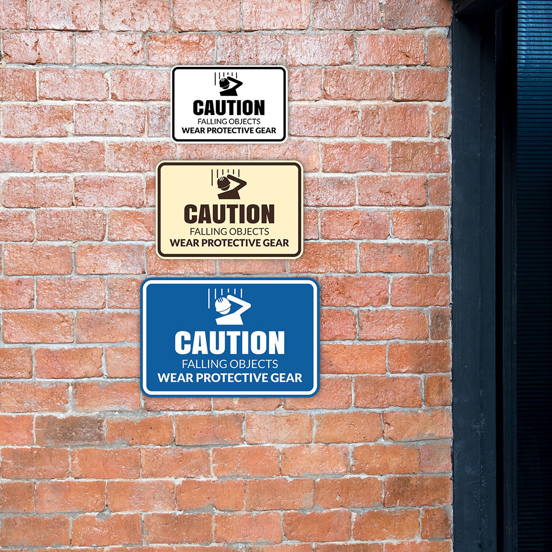 Signs ByLITA Classic Framed Caution: Falling Objects - Wear Protective Gear Door or Wall Sign Easy Installation | Health And Safety | Building And Warning Signs
