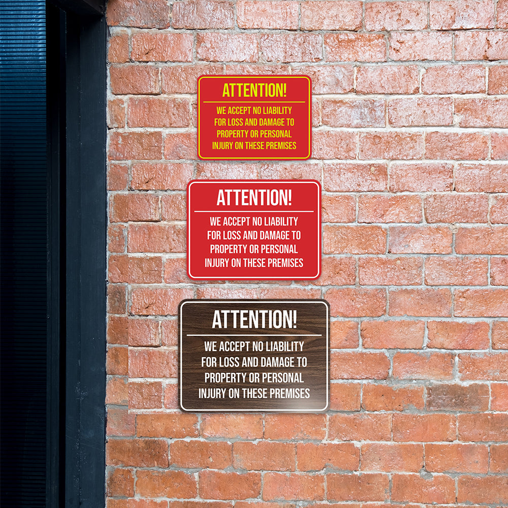 Signs ByLITA Classic Framed Attention! We Accept No Liability For Loss and Damage to Property or Personal Injury On These Premises Door or Wall Sign Easy Installation | Warning Health & Safety | Office & Venues
