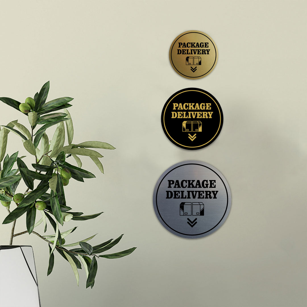 Signs ByLITA Circle Package Delivery (Package Arrow Down) Wall or Door Sign