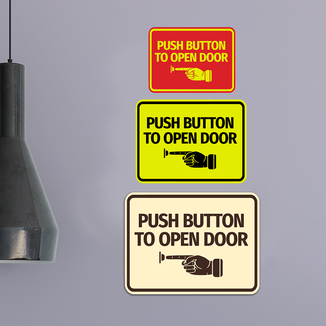 Signs ByLITA Classic Framed Push button to open door (finger pointing left) Wall or Door Sign