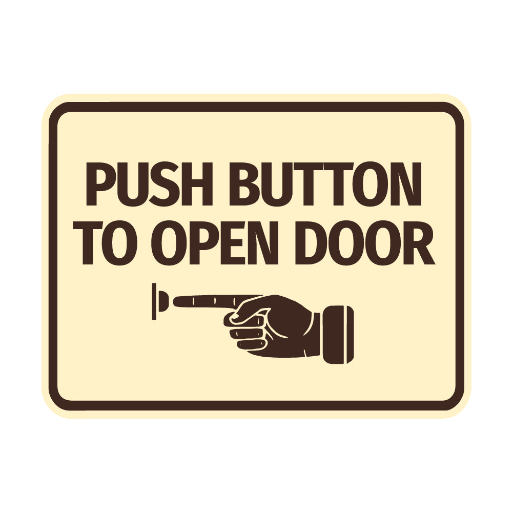 Signs ByLITA Classic Framed Push button to open door (finger pointing left) Wall or Door Sign