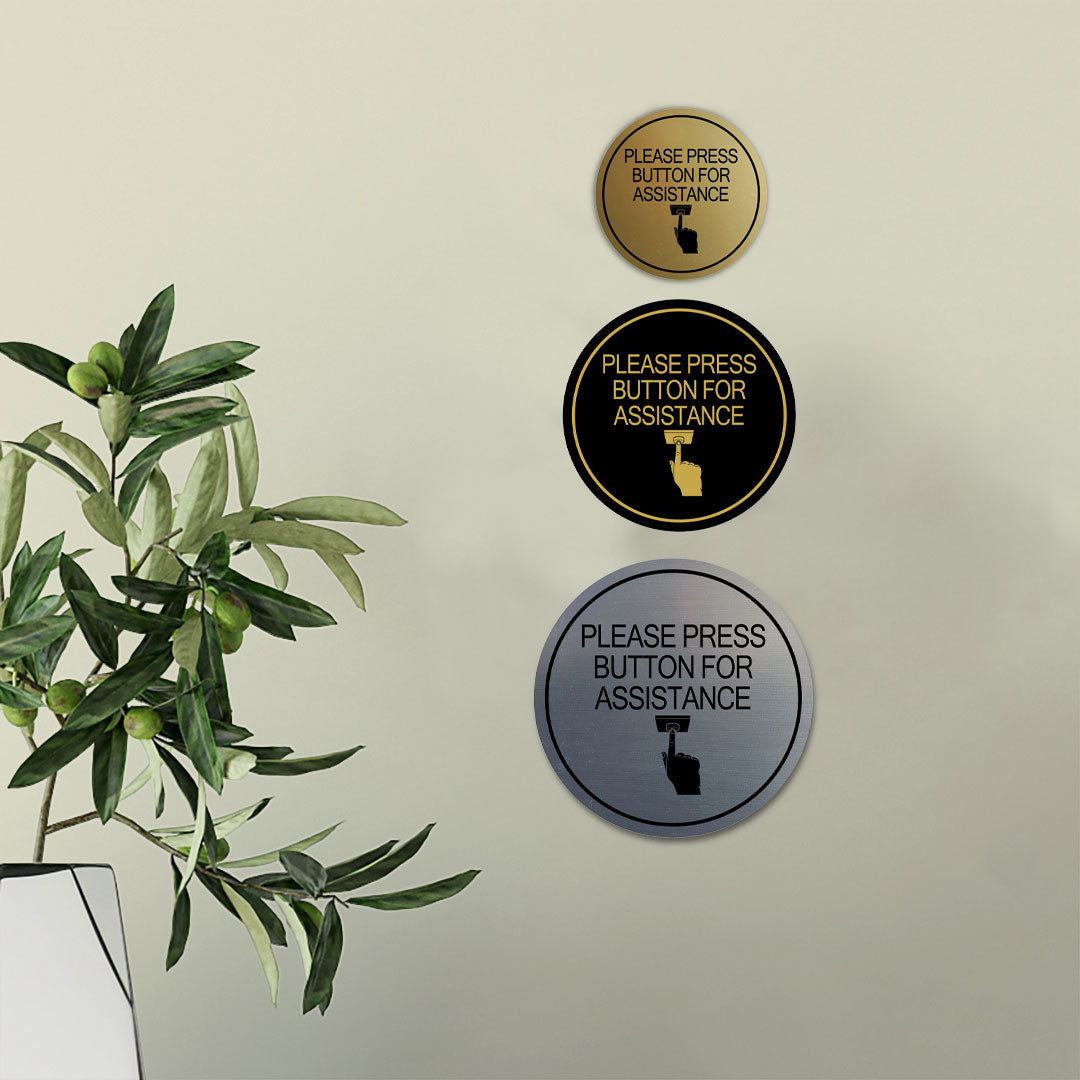 Signs ByLITA Circle Please Press Button For Assistance (hand on button) Wall or Door Sign