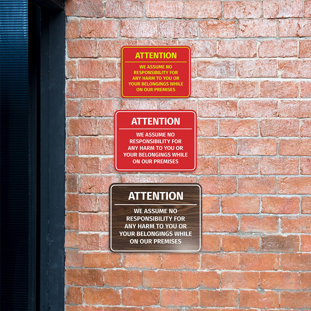 Signs ByLITA Classic Framed Attention - We assume no responsibility for any harm to you or your belongings while on our premises Door or Wall Sign Easy Installation | Warning Health & Safety | Office & Venues