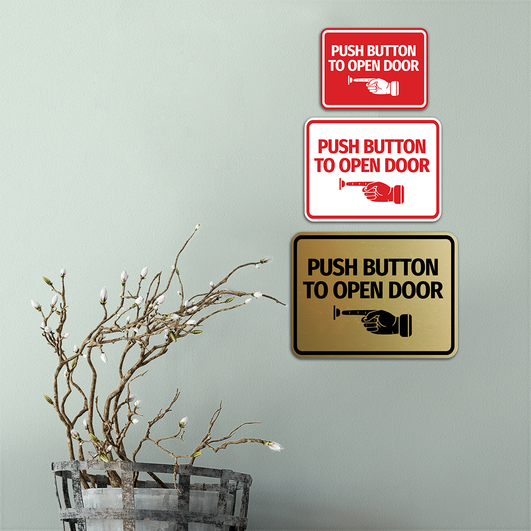 Signs ByLITA Classic Framed Push button to open door (finger pointing left) Wall or Door Sign