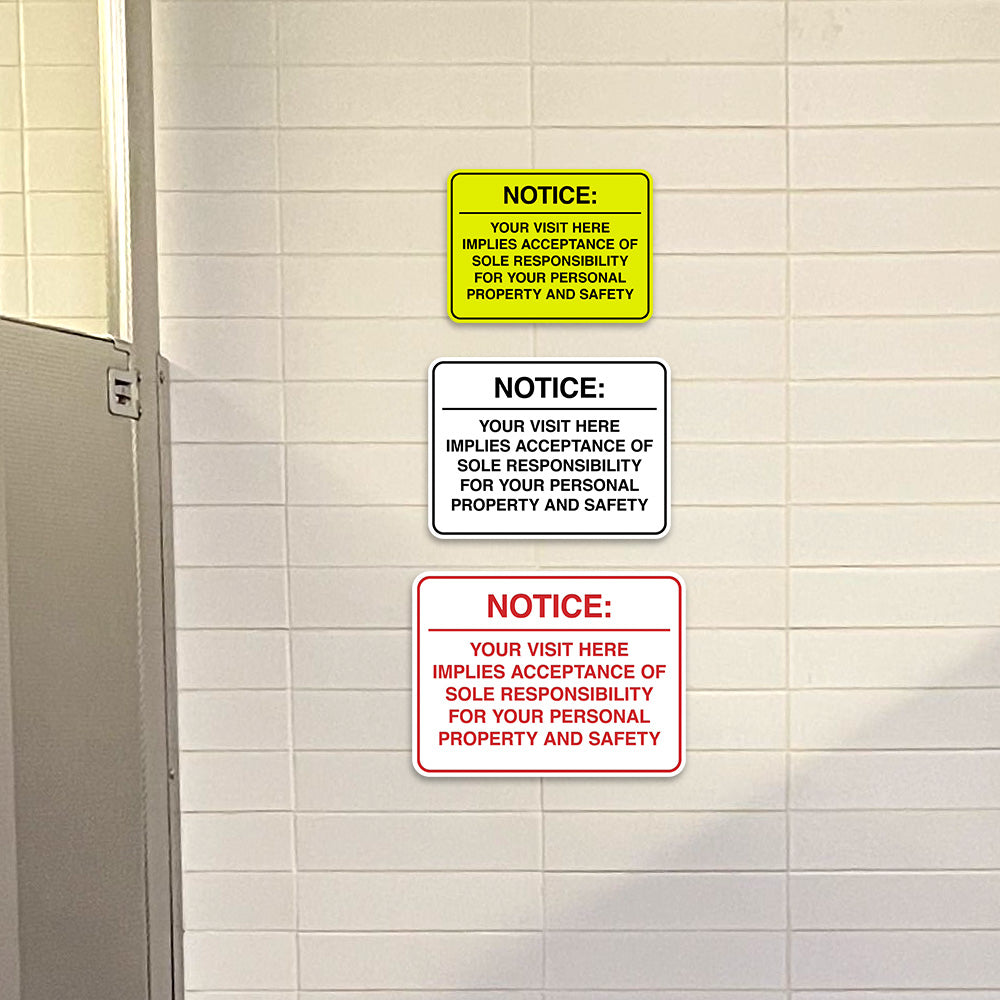 Signs ByLITA Classic Framed Notice: Your visit here implies acceptance of sole responsibility for your personal property and safety Door or Wall Sign Easy Installation | Warning Health & Safety | Office & Venues
