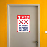 Portrait Round Plus Attention No Jumping Or Pushing Into Water Wall or Door Sign | Indoor Gym & Pool Signage