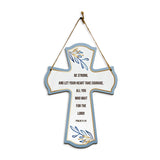 Be strong, and let your heart take courage, all you who wait for the Lord! Psalm 31:24 11.5" x 8" Cross Hanging Sign | Rustic Twine | Inspiring Religious Bible Decor