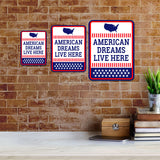 Portrait Round Plus American Dreams Live Here Door or Wall Sign | Easy Installation | Patriotic Stars and Stripes USA Pride Sign