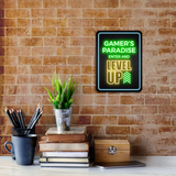Portrait Round Plus Gamer's Paradise: Enter and Level Up Wall or Door Sign | Easy Installation | Gaming | Home Decor