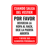 Portrait Round Plus Cuando Salga del Vestier Por Favor Devuelva La Ropa Al Rack, Deje La Puerta Abierta Y Revise Sus Elementos Personales Wall or Door Sign | Spanish Dressing Room Retailer Signage