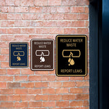 Signs ByLITA Portrait Round Reduce Water Waste: Report Leaks Door or Wall Sign Durable ABS Plastic | Laser Engraved | Easy Installation | Kitchen | Hygiene