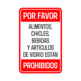 Portrait Round Plus Por favor, alimentos, chicles, bebidas y artículos de vidrio están prohibidos Wall or Door Sign | Spanish Dressing Room Retailer Signage