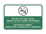 Classic Framed Plus Do Not Put Any Food, Waste or Fat Down The Drains Wall or Door Sign | Bilingual Spanish and English Workplace Business Signage