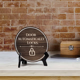 Door Automatically Locks Circle Table Sign with Acrylic Stand (5x5") | Patron Guest Comfort and Safety Sign