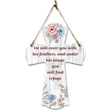 He will cover you with his feathers, and under his wings you will find refuge Cross Hanging Sign | Rustic Twine | Inspiring Religious Bible Decor