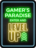 Portrait Round Plus Gamer's Paradise: Enter and Level Up Wall or Door Sign | Easy Installation | Gaming | Home Decor