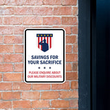 Portrait Round Plus Savings For Your Sacrifice: Please Enquire About Our Military Discounts Door or Wall Sign Honor Veterans with Military Signs | US Pride | Veteran Gratitude and Discount Signs