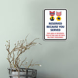 Portrait Round Plus Reserved Because You Served: This Area Is Reserved For Acting & Retired Military Personnel Door or Wall Sign Honor Veterans with Military Signs | US Pride | Veteran Gratitude and Discount Signs