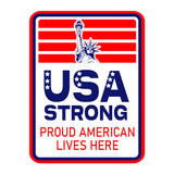 Portrait Round Plus USA Strong: Proud American Lives Here Door or Wall Sign | Easy Installation | Patriotic Stars and Stripes USA Pride Sign