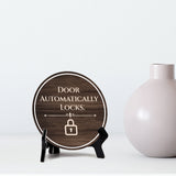 Door Automatically Locks Circle Table Sign with Acrylic Stand (5x5") | Patron Guest Comfort and Safety Sign
