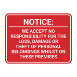 Signs ByLITA Classic Framed Notice: We Accept No Responsibility For The Loss, Damage or Theft of Personal Belongings Whilst On These Premises Door or Wall Sign Easy Installation | Warning Health & Safety | Office & Venues