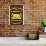 Portrait Round Plus Welcome to Our Campsite What Happens at The Campfire Gets Laughed About All Year Door or Wall Sign | Camping RV Decoration
