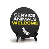 Service Animals Welcome Circle Table Sign with Acrylic Stand (5x5") | Public Spaces Signage