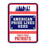 Portrait Round Plus American Pride Lives Here: Home of Proud Patriots Door or Wall Sign | Easy Installation | Patriotic Stars and Stripes USA Pride Sign