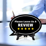 Please Leave Us A Review Oval Speech Bubble (6 x 4") Table Sign With Acrylic Easel