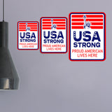Portrait Round Plus USA Strong: Proud American Lives Here Door or Wall Sign | Easy Installation | Patriotic Stars and Stripes USA Pride Sign