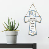 Rejoice in hope, be patient in tribulation, be constant in prayer. Romans 12:12 11.5" x 8" Cross Hanging Sign | Rustic Twine | Inspiring Religious Bible Decor