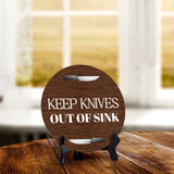 Keep Knives Out of Sink Circle Table Sign with Acrylic Stand (5x5") | Home & Office Décor