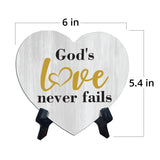Signs ByLITA Heart God's love never fails, Wood Color, Table Sign (6"x5")