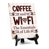 Coffee and Wi-Fi: The Essentials of Life Table Sign with Acrylic Stand (6x8“) | Coffee Lovers | Office & Home Table Signs