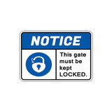 Classic Framed Plus Notice This Gate Must Be Kept Locked. Door or Wall Sign | Safety Signage