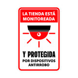 Portrait Round Plus La tienda está monitoreada y protegida por dispositivos antirrobo Wall or Door Sign | Spanish Dressing Room Retailer Signage