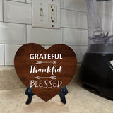 Grateful Thankful Blessed Heart Table Sign with Acrylic Stand (6x5") | Religious Home Decor