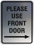 Signs ByLITA Portrait Round Please Use Front Door Right Arrow Sign - Laser-Engraved Lettering | Durable ABS Plastic | Vibrant Colors | Powerful Foam Tape