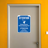 Portrait Round Plus Attention Please Shower Before Entering Pool Atencion Por Favor Ducharse Antes De Entrar A La Piscina Wall or Door Sign | Indoor Gym Signage