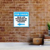 Square Plus Por Favor Deje Los Paquetes En La Entrada Trasera Left Arrow Wall or Door Sign | Spanish | Health & Safety Warehouse Business Signage