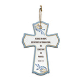 Rejoice in hope, be patient in tribulation, be constant in prayer. Romans 12:12 11.5" x 8" Cross Hanging Sign | Rustic Twine | Inspiring Religious Bible Decor