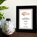 Barista Competition Customizable Black Frame Award Plaque | Easel Mount Option | Achievement and Recognition Personalizable Plaques