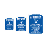 Portrait Round Plus Attention Please Shower Before Entering Pool Atencion Por Favor Ducharse Antes De Entrar A La Piscina Wall or Door Sign | Indoor Gym Signage