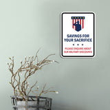 Portrait Round Plus Savings For Your Sacrifice: Please Enquire About Our Military Discounts Door or Wall Sign Honor Veterans with Military Signs | US Pride | Veteran Gratitude and Discount Signs