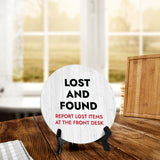 Lost and Found Report Lost Items At The Front Desk Circle Table Sign with Acrylic Stand (5x5") | Office Décor