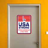 Portrait Round Plus USA Strong: Proud American Lives Here Door or Wall Sign | Easy Installation | Patriotic Stars and Stripes USA Pride Sign